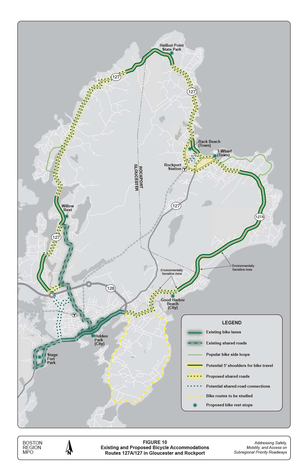 FIGURE 10. Existing and Proposed Bicycle Accommodations Routes 127A/127 in Gloucester and Rockport
Figure 9 is a black-and-white map with superimposed colors that denote the following: Green line with gray shadow = existing bike lanes; dashed green line with gray shadow = existing shared roads; light green thin line = popular bike side loops; green line with yellow shadow = potential 5’ shoulders for bike travel; dotted green line with yellow shadow = proposed shared roads; dotted green line = potential shared-road connections; dashed yellow line = bike routes to be studied; and green bulls eye = proposed bike rest stops.
